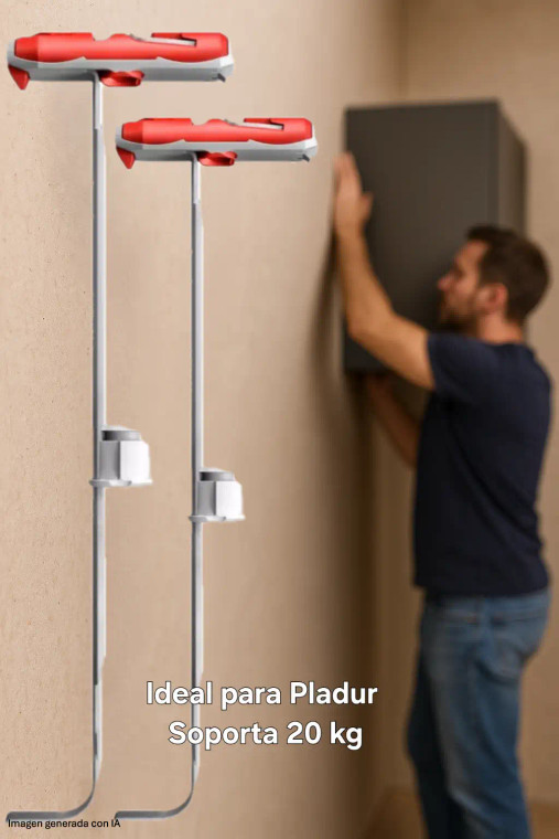 Vista de dos tacos DuoTec en pared de yeso laminado, ideal para objetos de hasta 20 kg.