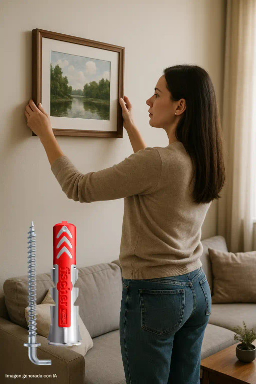 Mujer colgando un cuadro en la pared con tacos y alcayatas DuoPower sin ayuda profesional