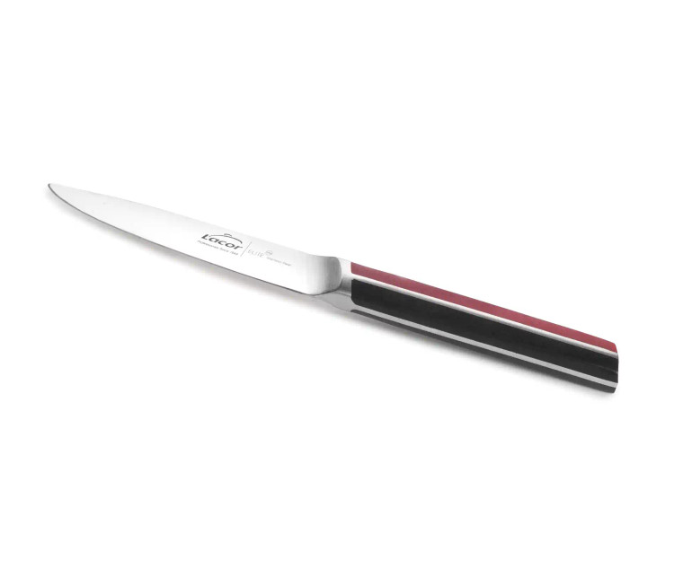 Cuchillo de cocina con hoja afilada de acero inoxidable y mango ergonómico bicolor, sobre fondo blanco. Ideal para cortar alimentos con precisión.