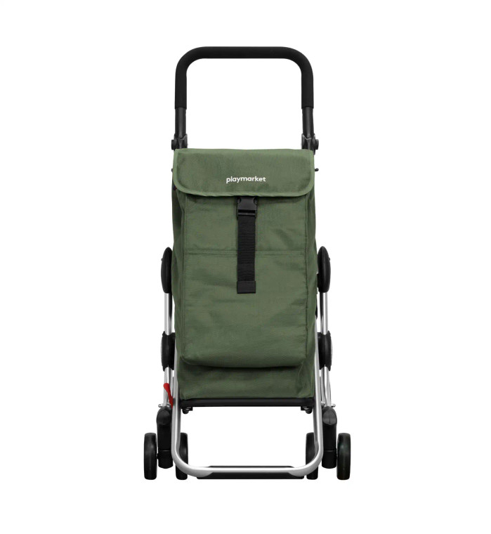 Carrito de supermercado plegable verde, visto de frente con tapa y cierre ajustable