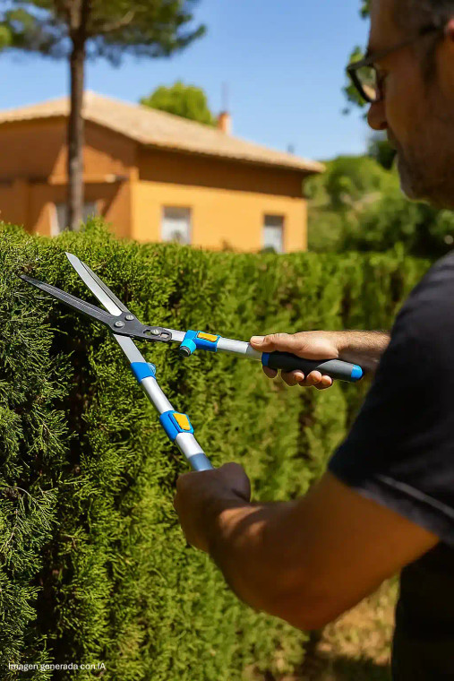 Persona recortando setos altos con tijera de podar extensible sin escalera en jardín privado