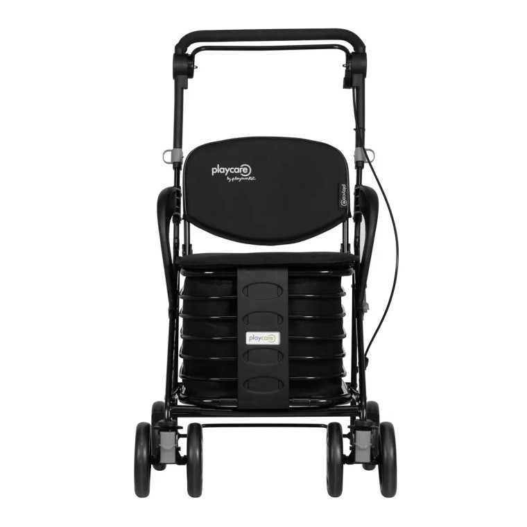 Carrito de compra con asiento plegable visto desde el frente, ideal para personas mayores