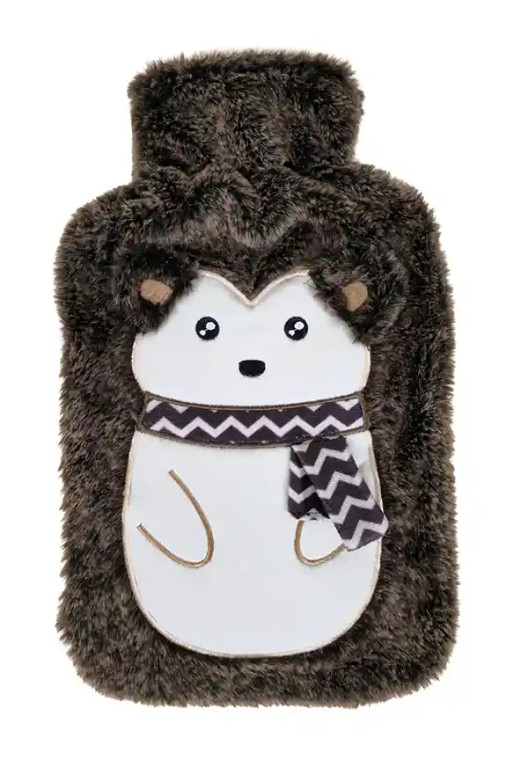 Bolsa de agua caliente con funda de peluche diseño erizo, capacidad 2 litros, ideal para aliviar el frío y dolores musculares.