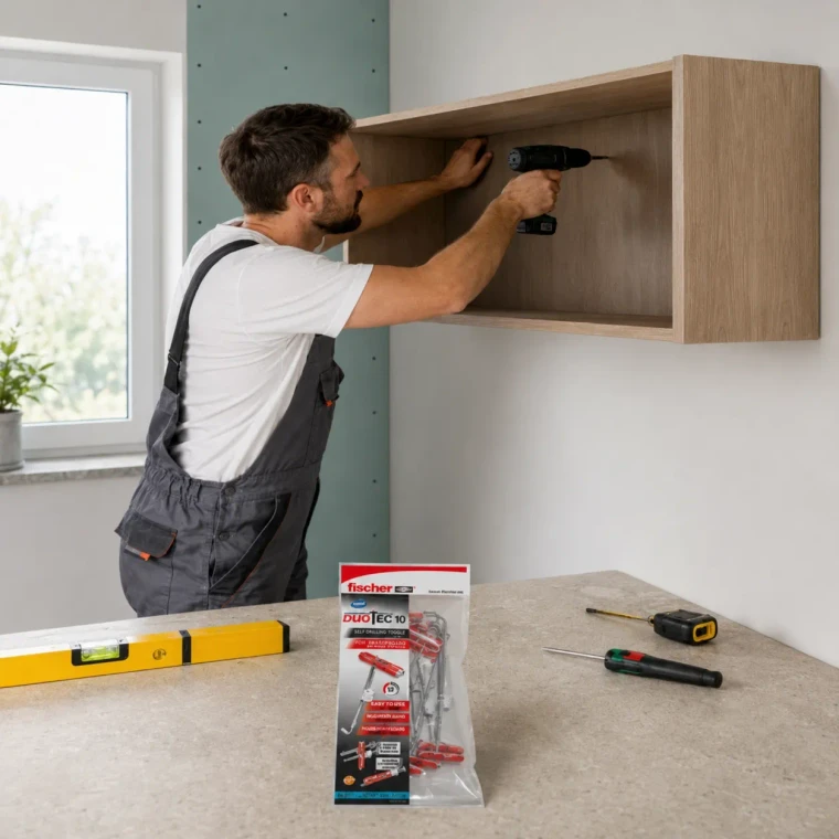 Instalador fijando nicho en pared de yeso laminado con tacos Duotec 10