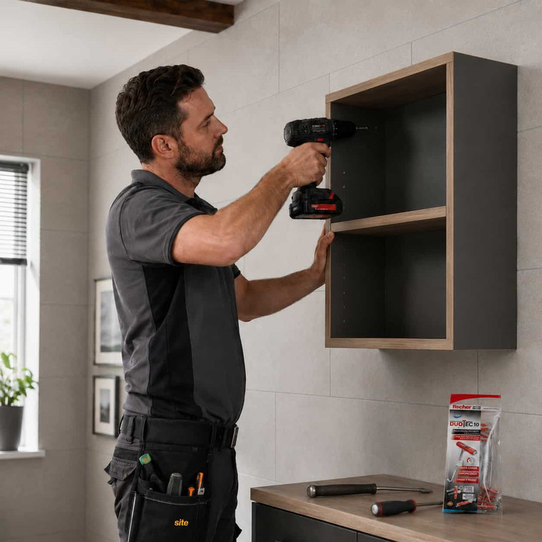 Profesional instalando mueble en pared de yeso laminado alicatado