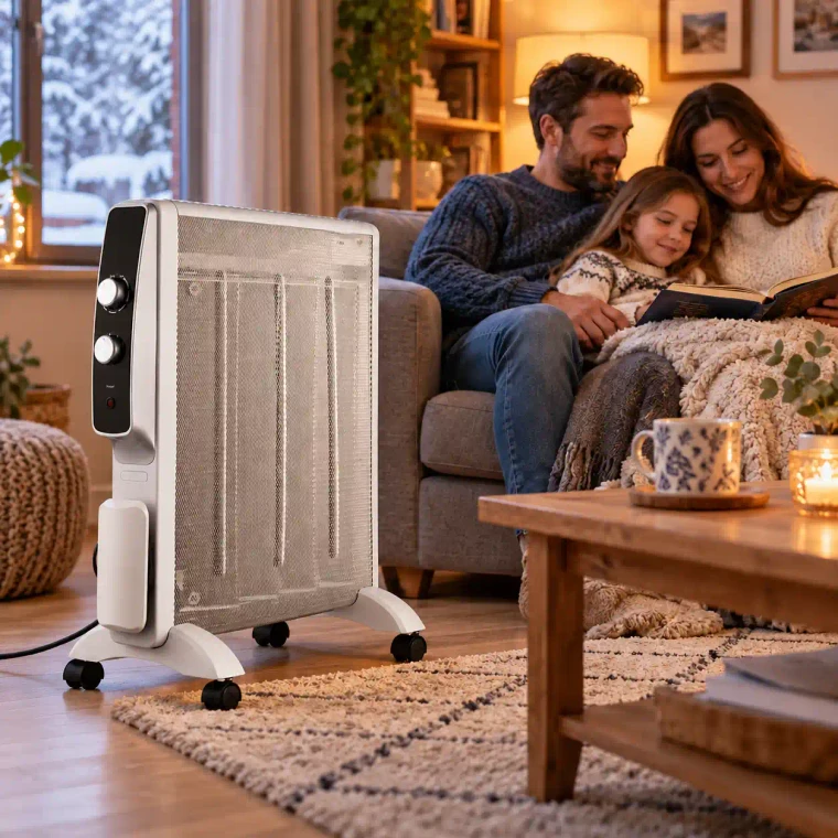 Familia utilizando el radiador de mica en un salón