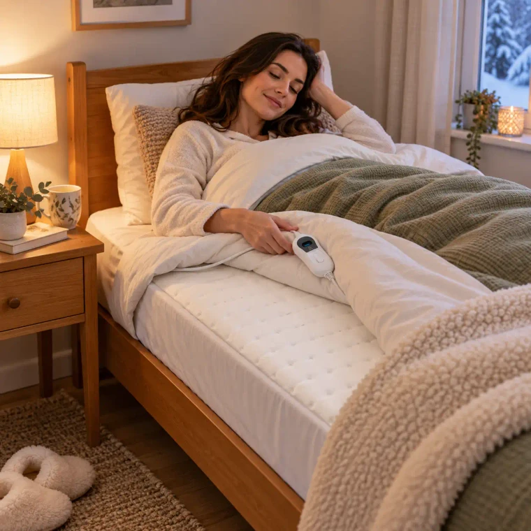 Mujer descansando en una cama individual con el calientacamas FM CS-301 en uso