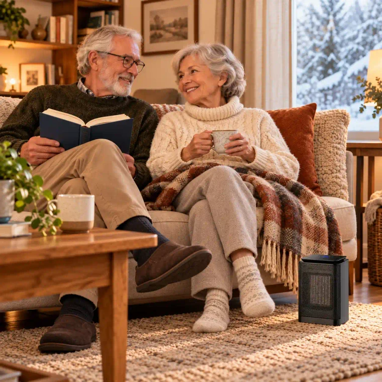 Dos personas mayores utilizando un termoventilador cerámico Haverland en un salón de invierno