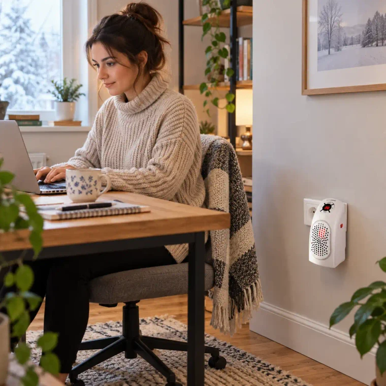 Mujer trabajando en casa con mini calefactor cerámico enchufable Bardei calentando la zona de trabajo