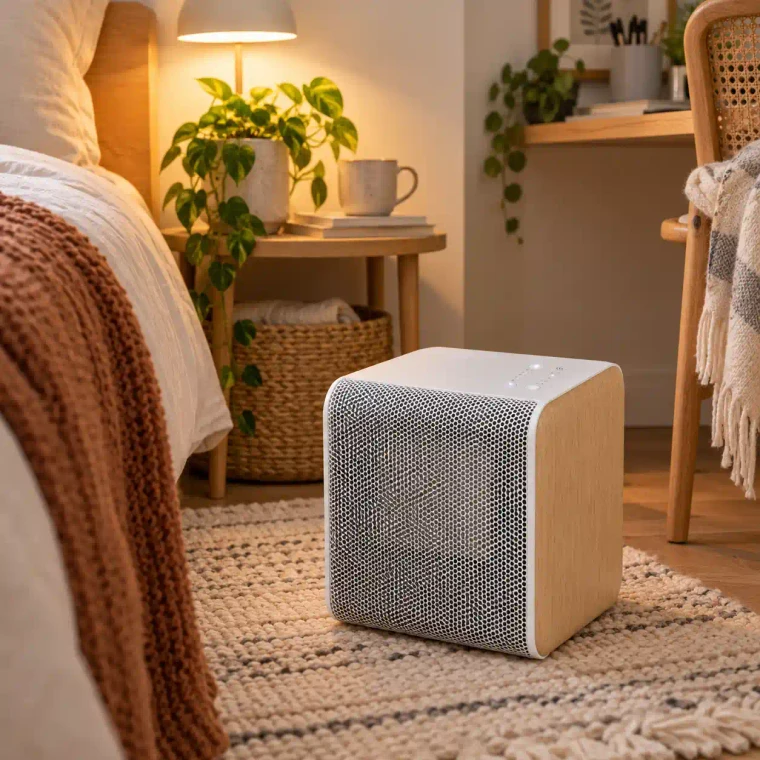 Calefactor cerámico SUPRA Cerambois Precission funcionando en una habitación pequeña y acogedora