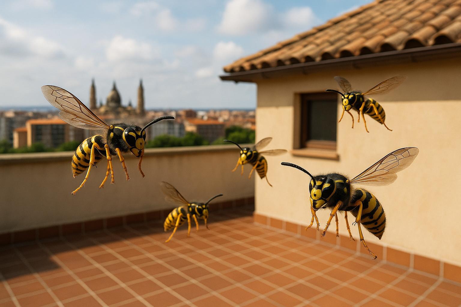 Avispas volando en terraza