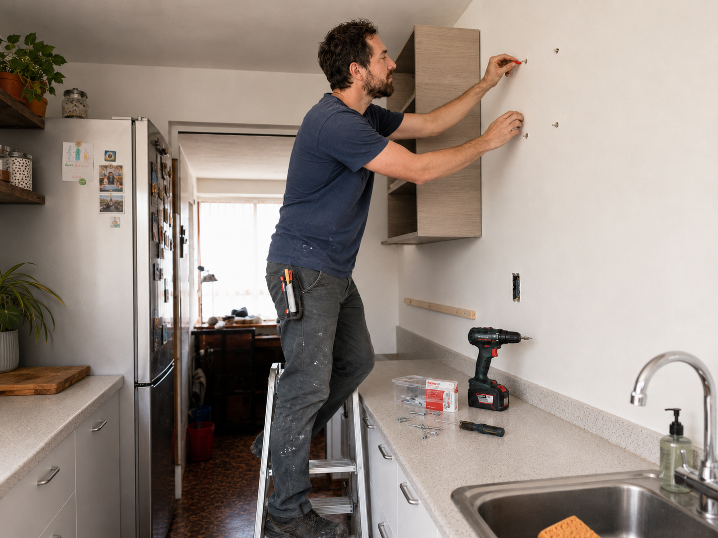 Persona fijando un mueble sobre una pared de pladur