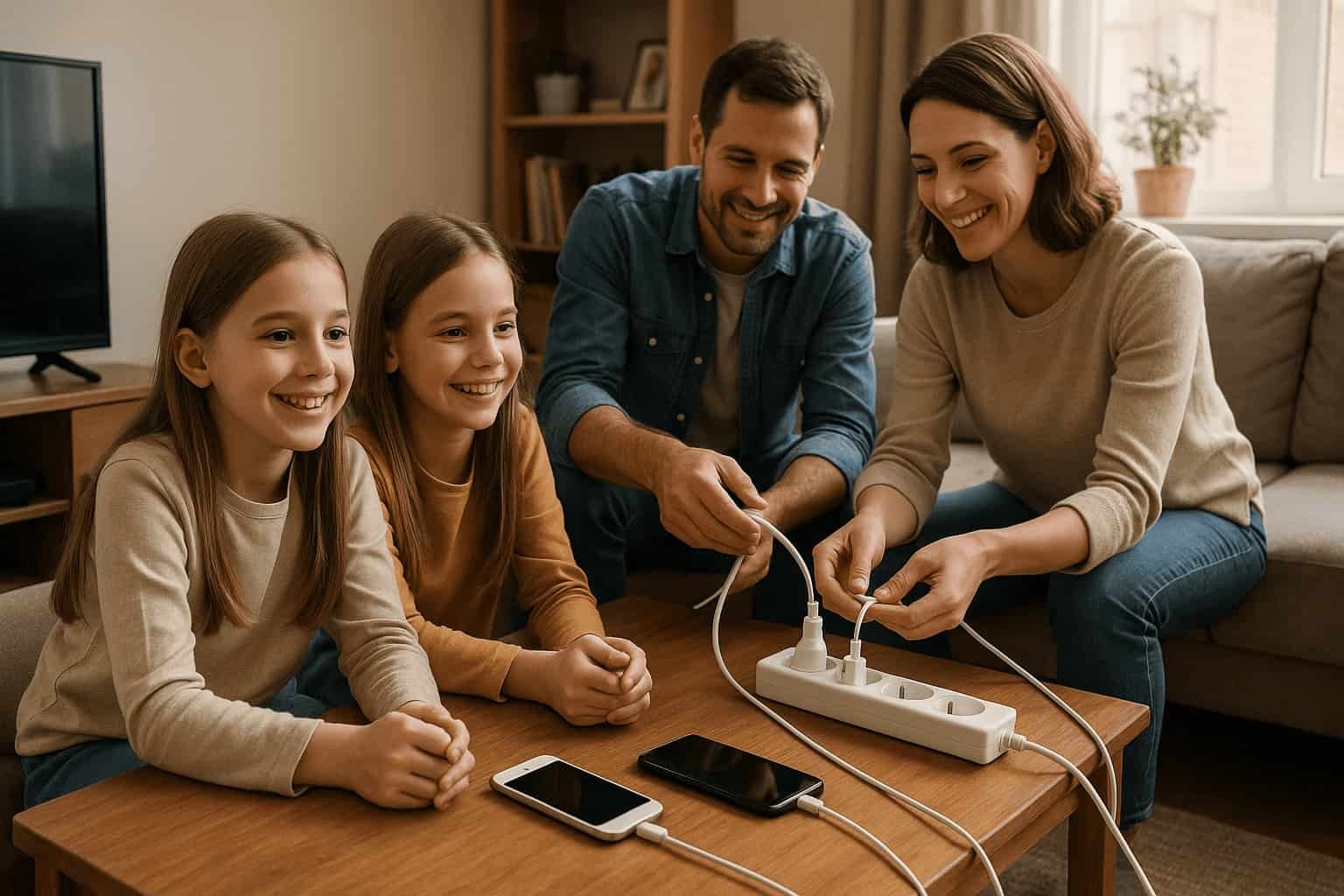 Familia usando cargadores, conexiones