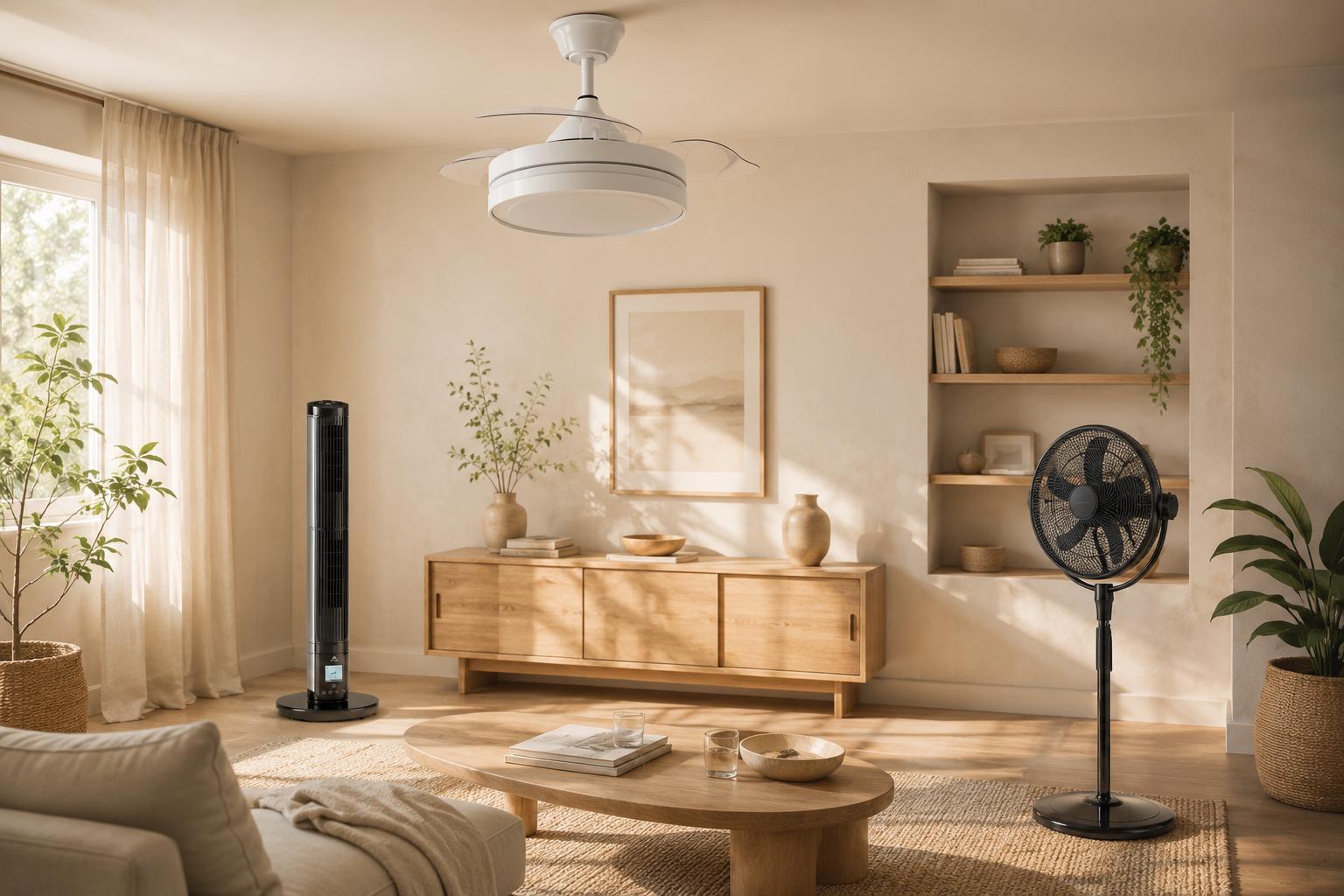 Comparativa visual de ventiladores de techo, torre y pie en un ambiente doméstico