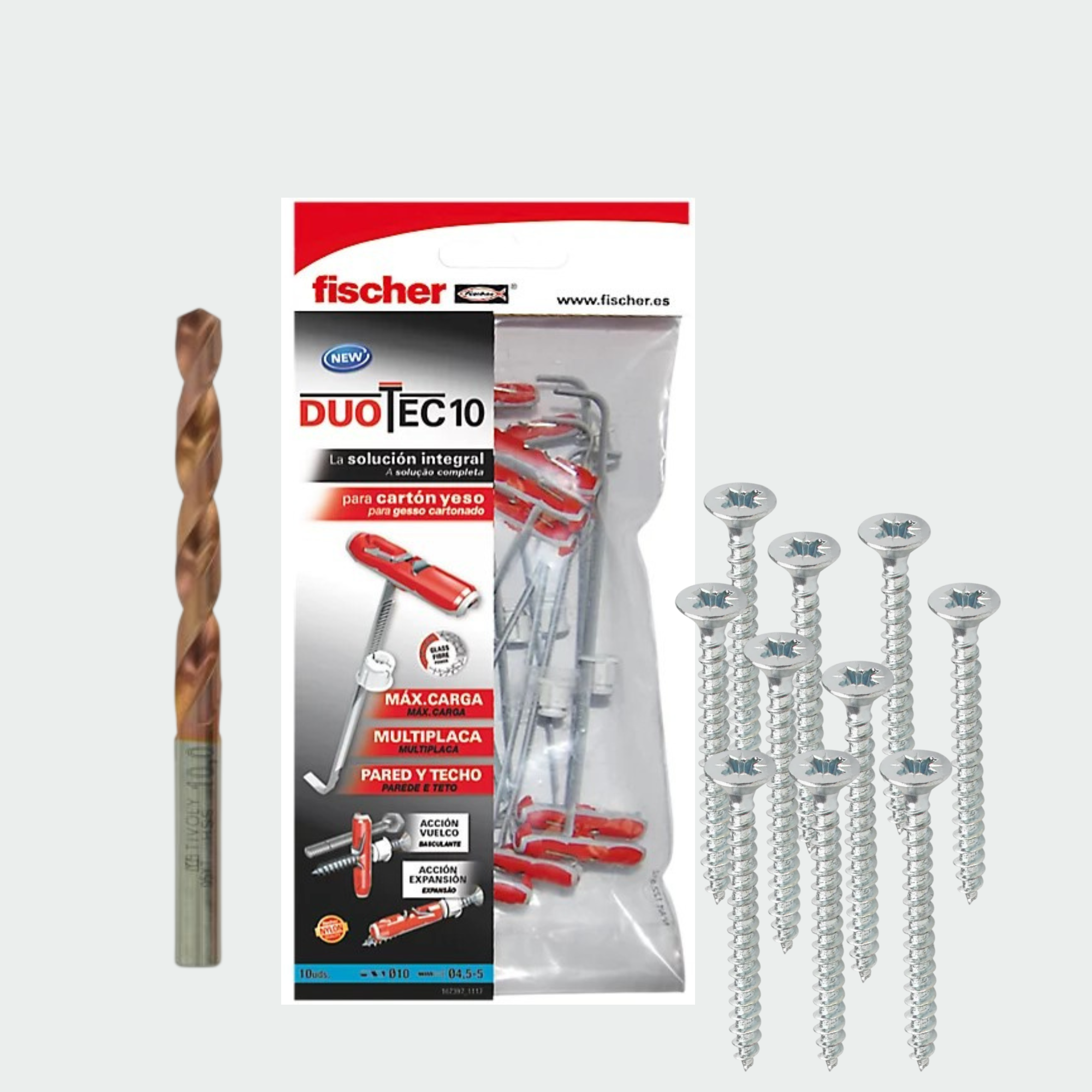 Kit con broca, tacos Fischer DuoTec 10 y tornillos