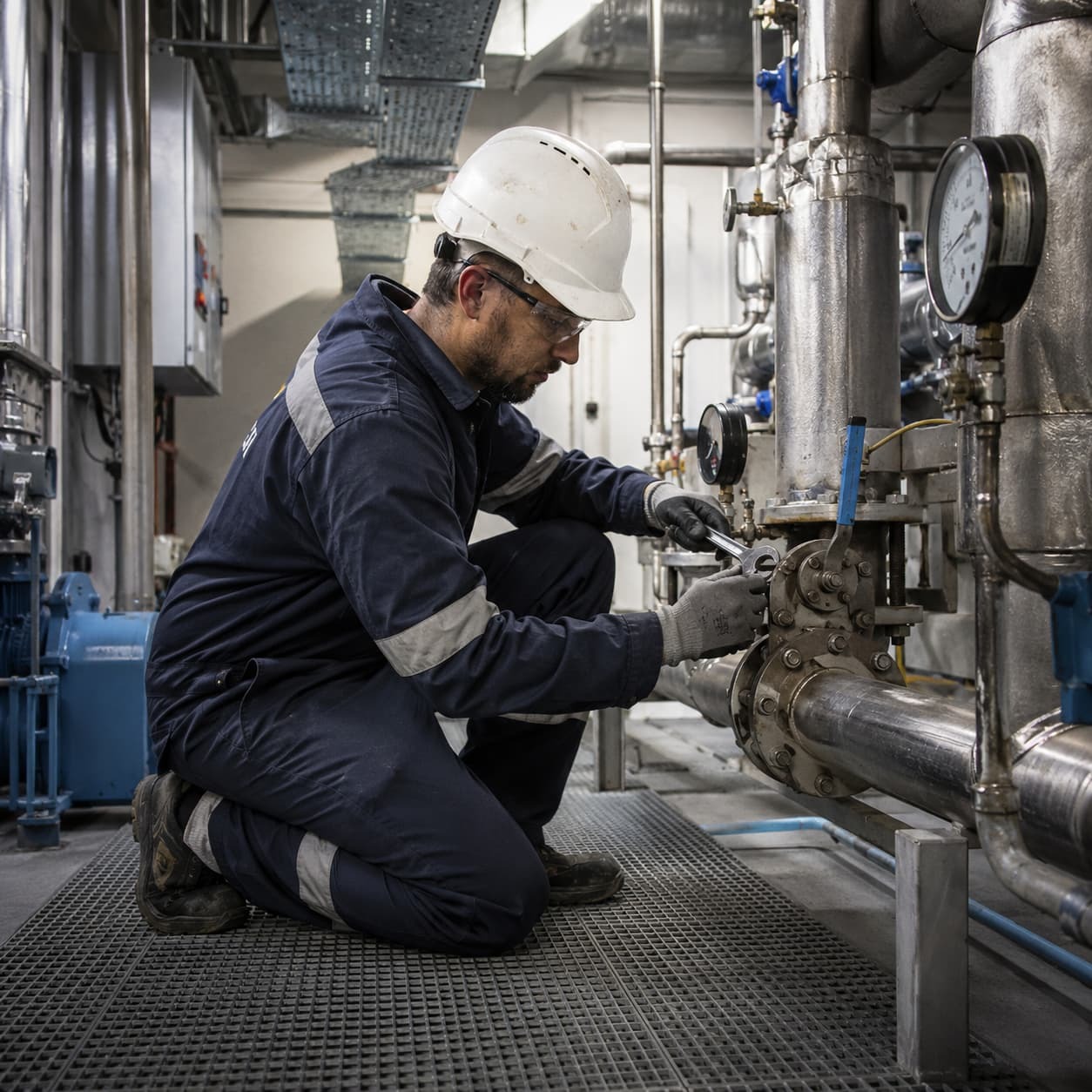 Profesional haciendo mantenimiento a las instalaciones de una fábrica