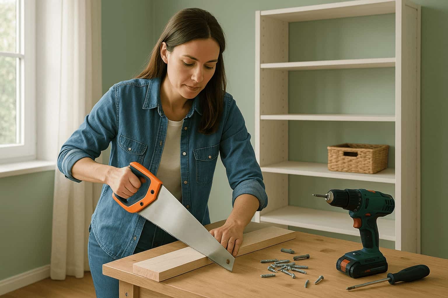 Mujer usando un serrucho en la habitación de casa