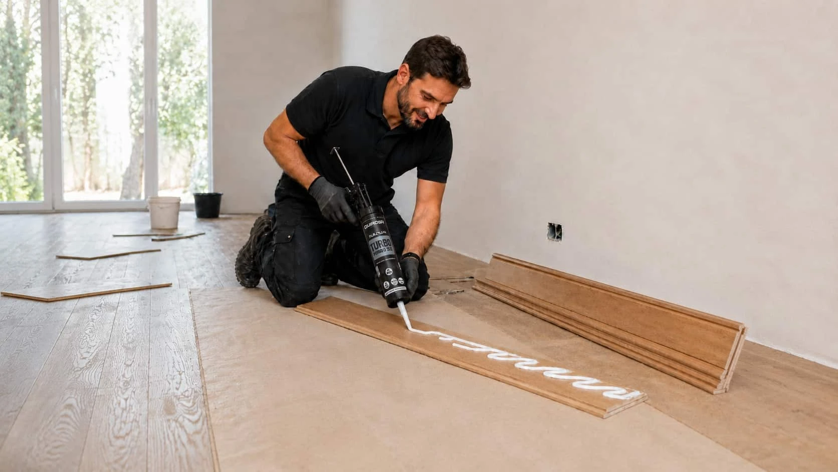 Profesional aplicando Quiadsa Fija+Plus Turbo en un rodapié