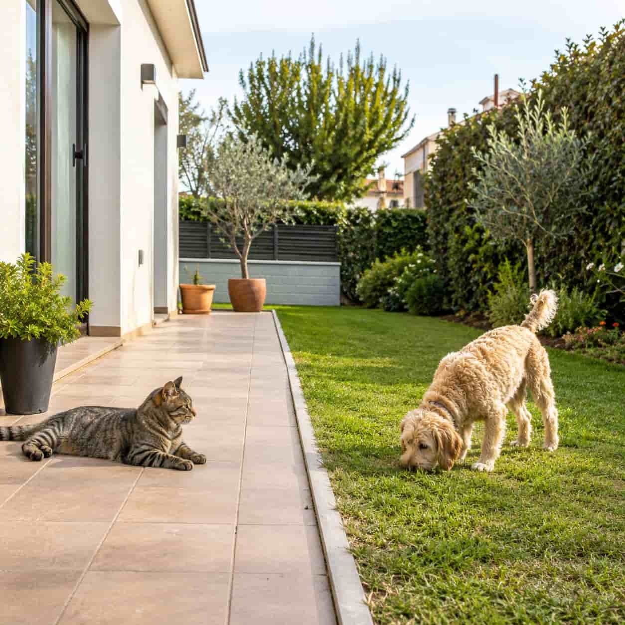 Perro y gato en un espacio exterior que combina terraza pavimentada y jard&iacute;n con c&eacute;sped