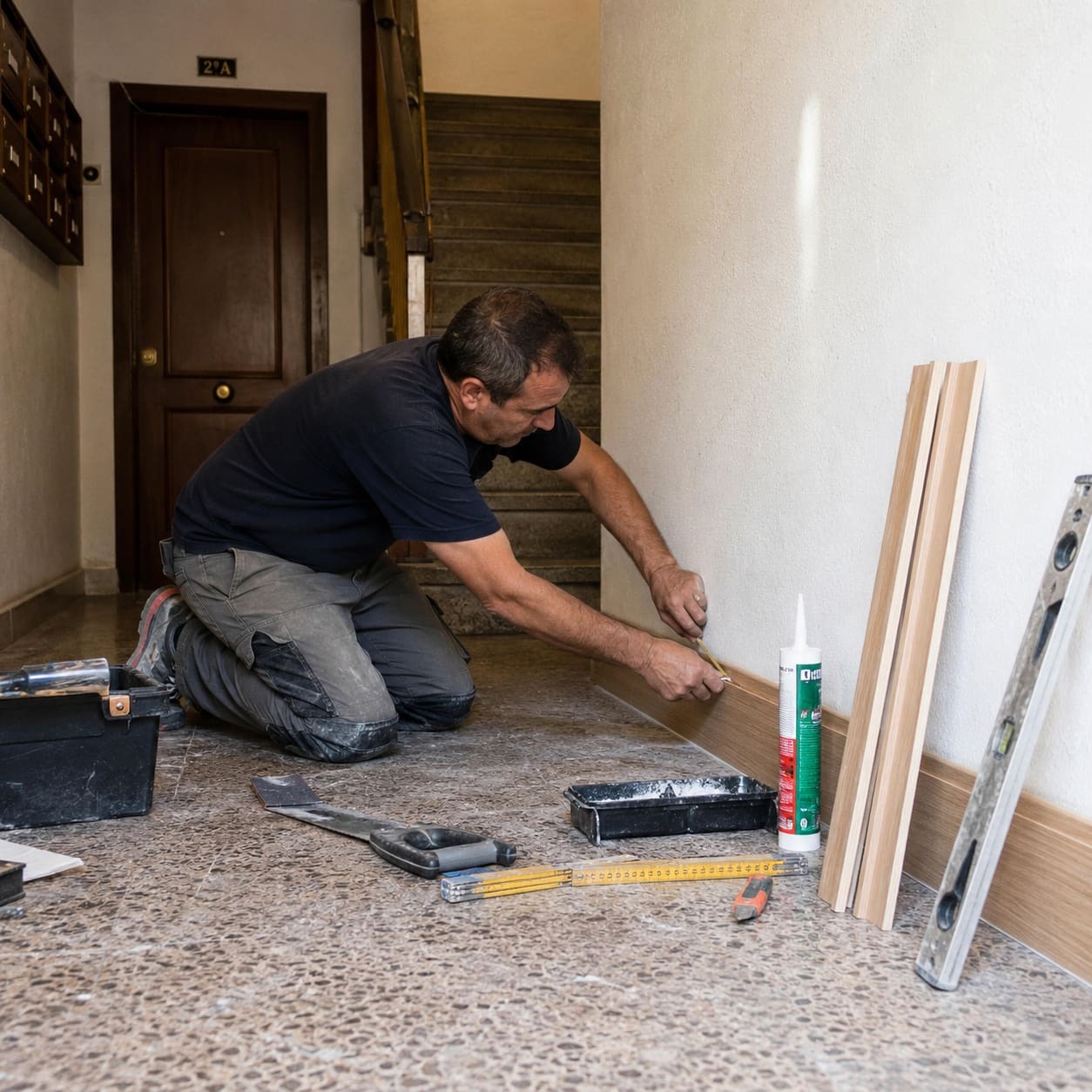 Profesional haciendo reparaciones en una comunidad de vecinos