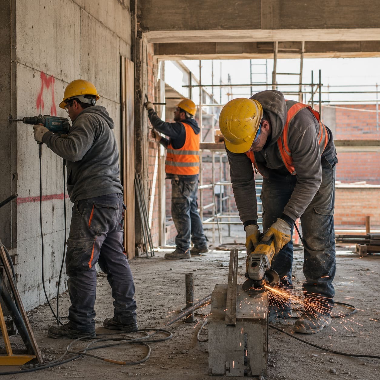 Profesionales de construcción trabajando en una obra