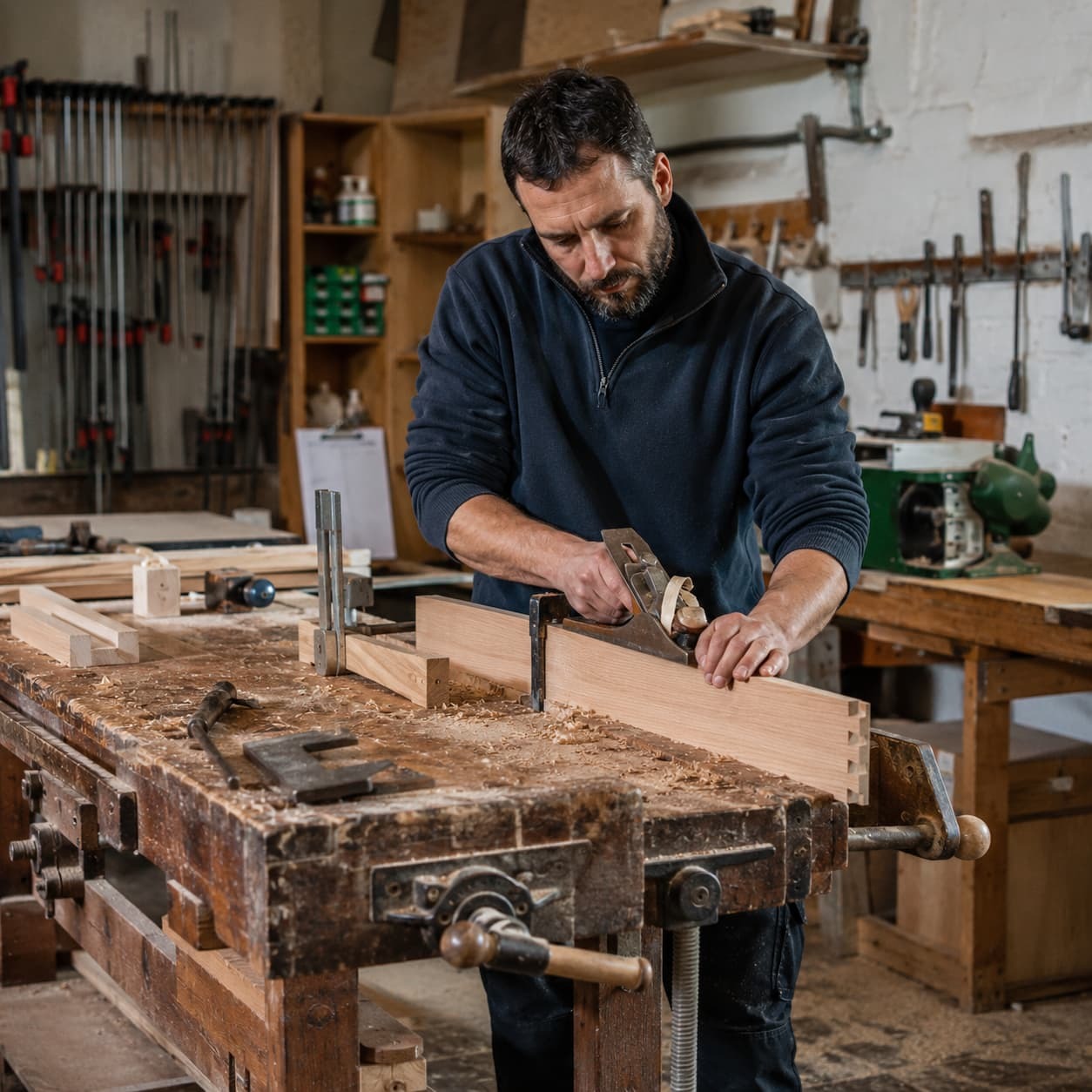 Carpintero trabajando con la madera en su taller