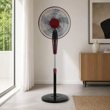 Ventilador de pie con doble aspa y mando Borlon negro burdeos