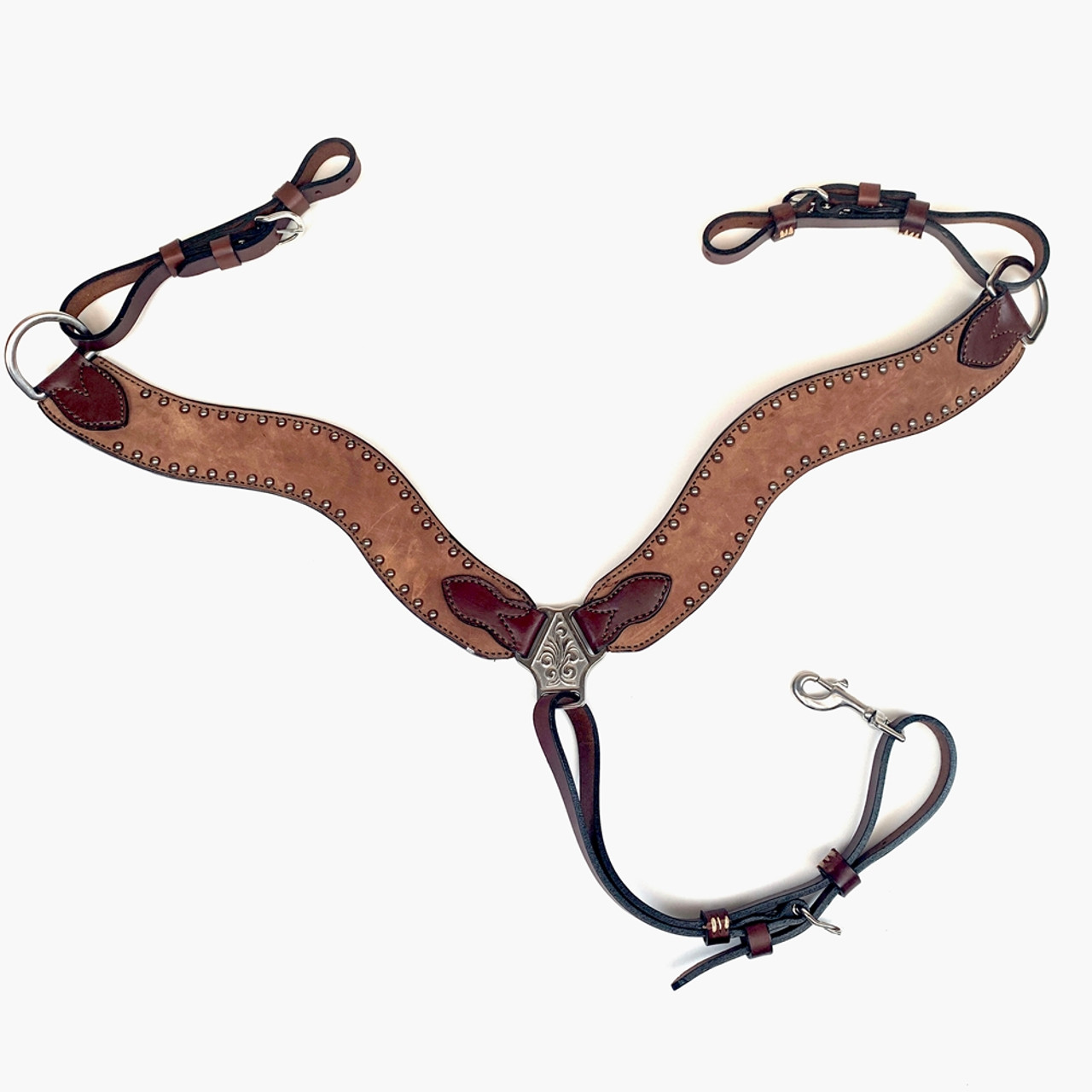 Premium Leather Breast Collar For Horses - Hand Crafted | Pewter Spots | Wave Style | Rough Out