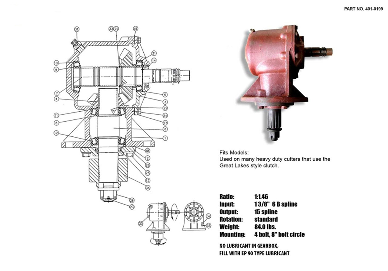 GEARBOX 75HP 250403, Ratio 1:1.46, 1-3/8 6B Spline Input, 15 Spline Output, Standard Rotation