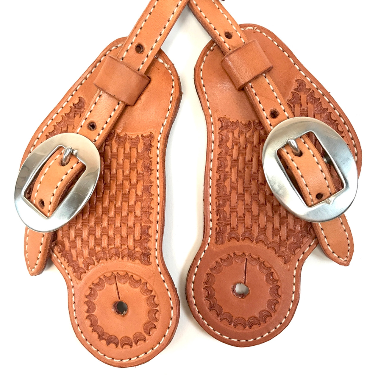 Elite Cowboy Spur Straps, Cart Buckle, Basket Tooling (Caramel)