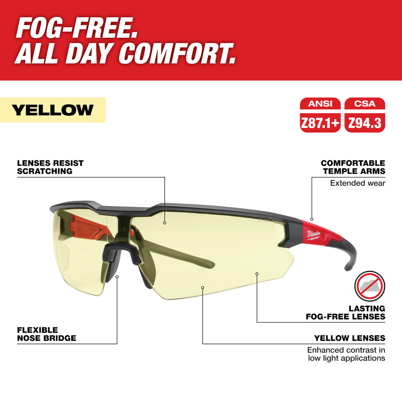 Milwaukee Red & Black Frame Safety Glasses with Yellow Fog-Free Lenses