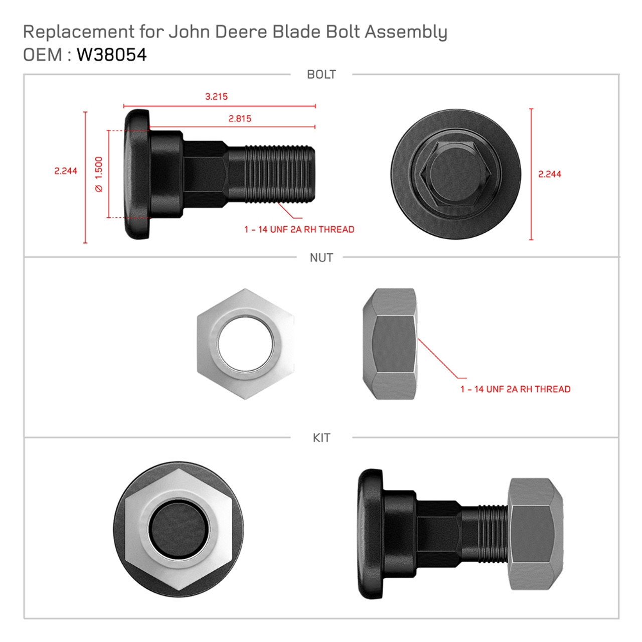 John Deere Replacement Blade Bolt Kit, OEM: W38054