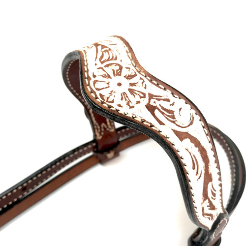 Wave-style Headstall, Roughout Leather w/ Floral Tooling (Ivory)