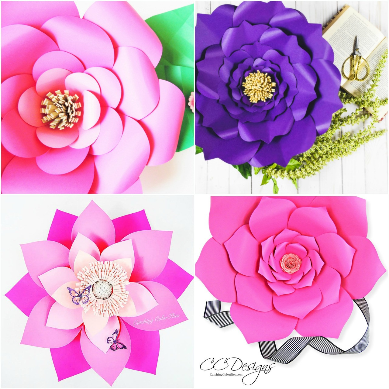 Set of 4 Large Flower Templates - Paper Flower Patterns- PDF and