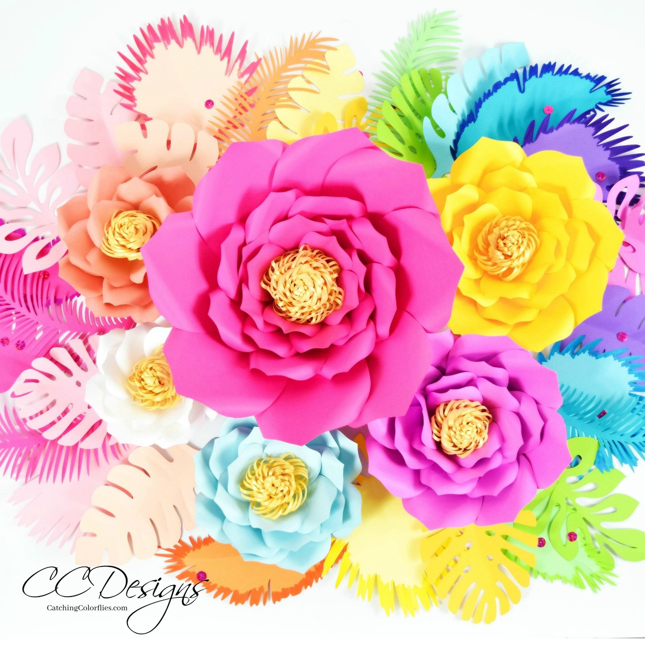 Download Giant Paper Priscilla Flower Template With Tropical Leaves Catching Colorflies