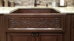 FLL-Floral Scroll Designer on our single bowl hammered copper farm sink. FLL-Floral Scroll Designer on our single bowl hammered copper farm sink.