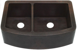 Rounded front farmhouse copper kitchen sink with double bowls