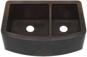 Rounded front farmhouse copper kitchen sink with double bowls