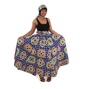 African Print Long Skirt - Blue/Lime