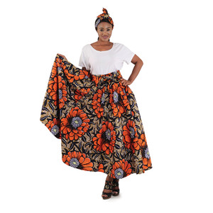 African Print Long Skirt - Orange Flower