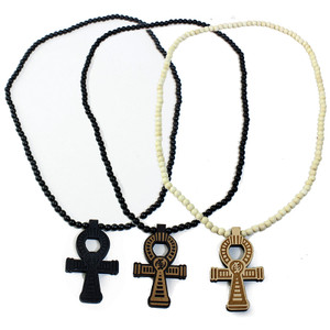 Beaded Wood Gye Nyame Ankh Necklace