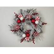Snowy Wreath with Berries and Red/White Baubles 24"