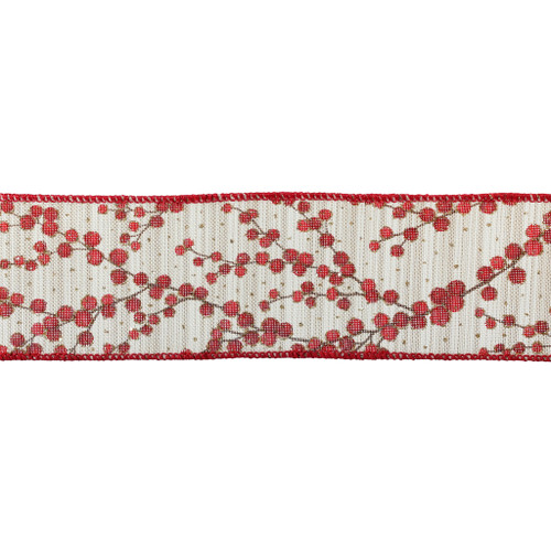 2.5" X 10Y Double Wired Red Berry Pattern Cloth Ribbon Garland