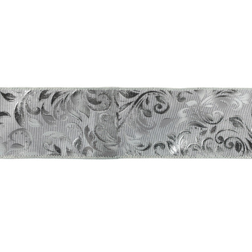 2.5" X 10Y Double Wired Silver Leaves Satin Ribbon Garland