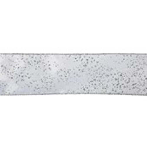 2.5" X 10Y Double Wired White Ribbon Silver Glitter 