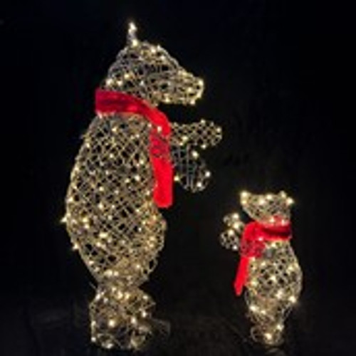 Rattan mummy & baby bear warm wht LED H100cm & H50cm mains powered weatherproof