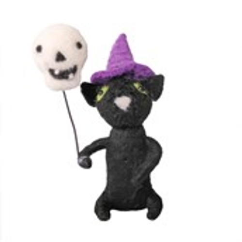 Felt Black Cat with Skull on Stick Hanging Decoration - 12.5cm