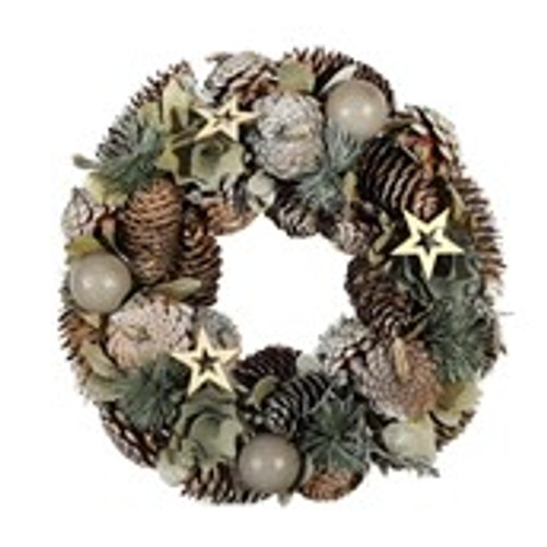 Wreath with wooden flowers and stars 30x30x8cm