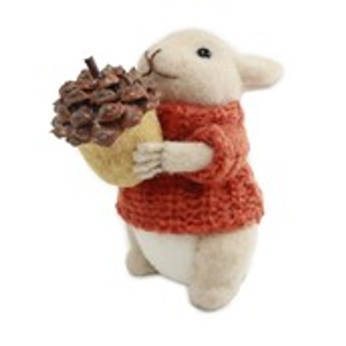 Bear in Orange Jumper Holding an Acorn Ornament - H11cm