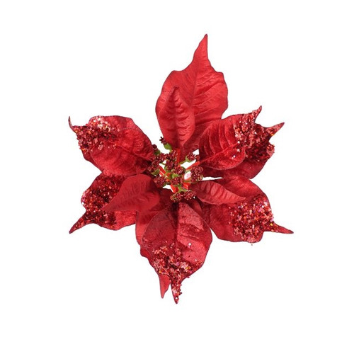 Metallic Poinsettia Clip Red 20Cm